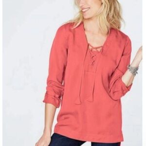J. Jill Women's Coral Lace-Up Blouse Tunic Top Pink Long Sleeve Size Small Boho